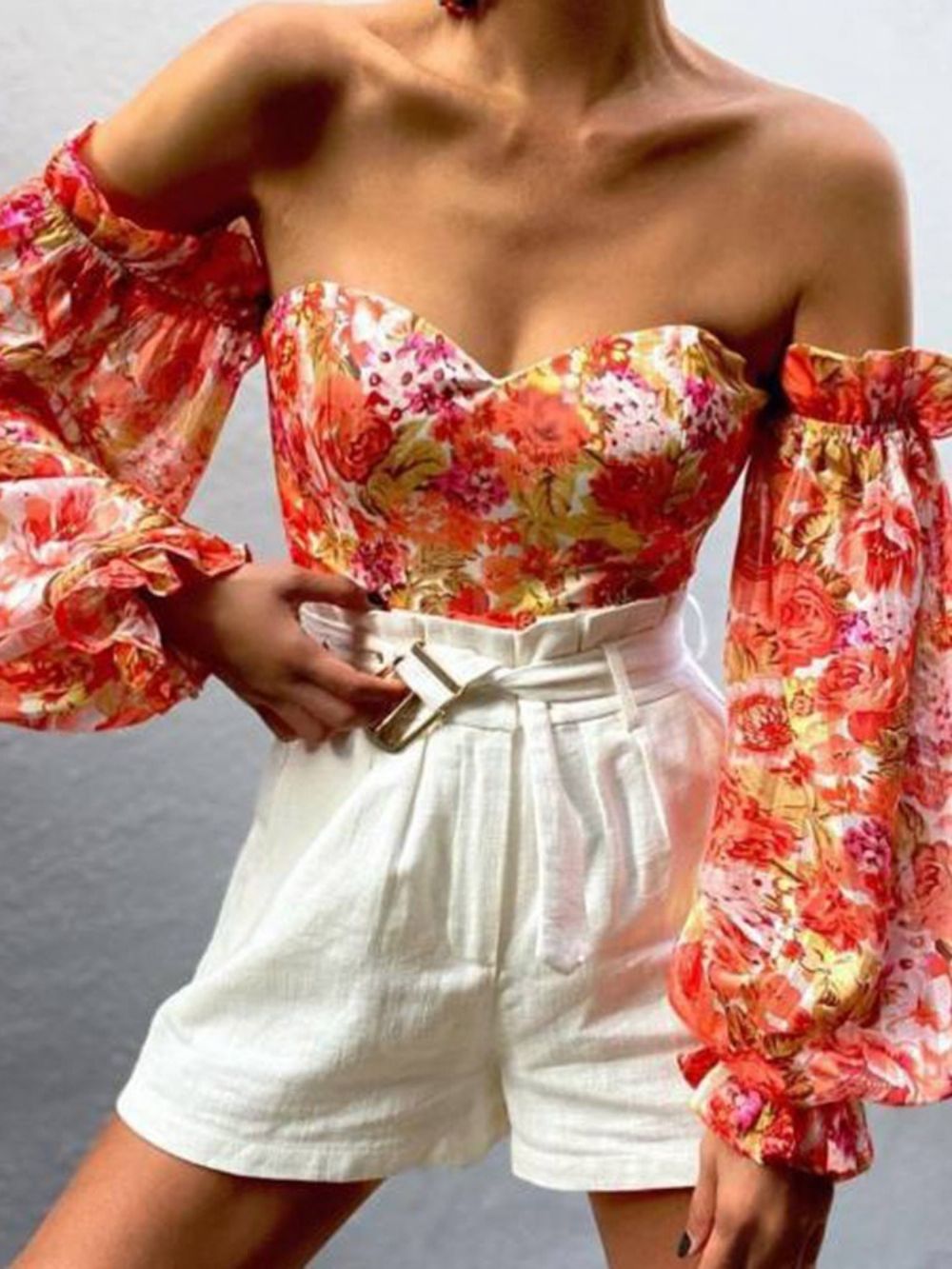 Off-Shoulder Lantaarn Mouw Bloemen Lange Mouw Dames Korte Blouse