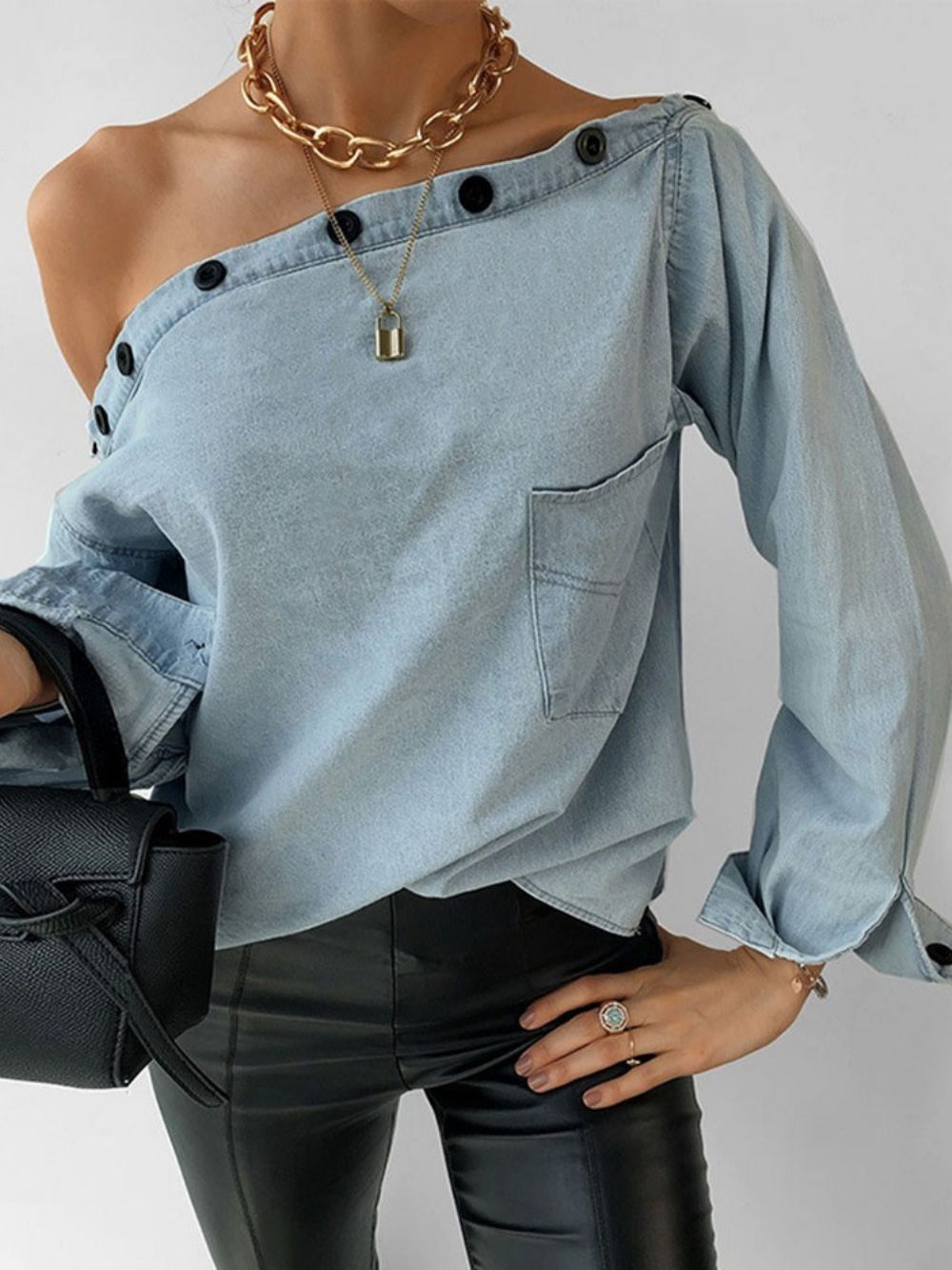 Off-Shoulder Normale Asymmetrische Standaard Damesblouse Met Lange Mouwen