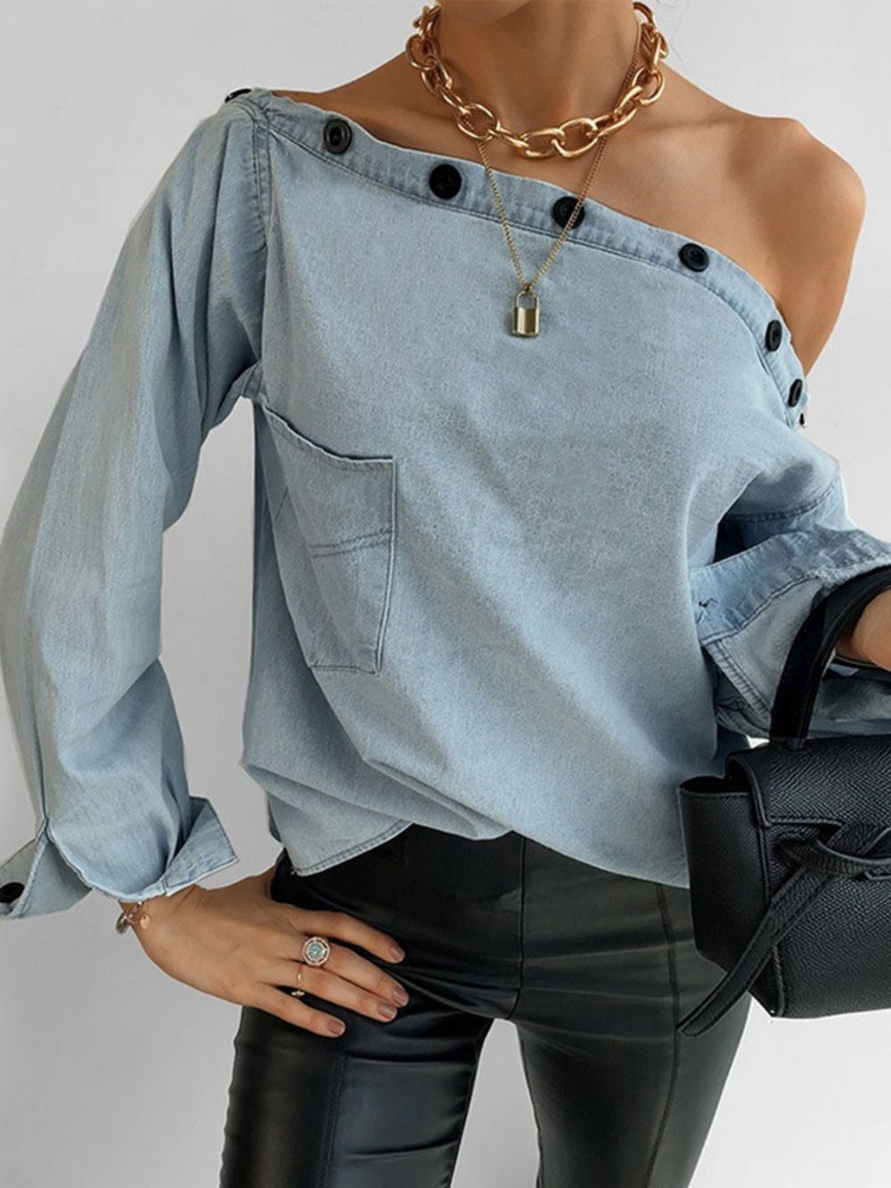 Off-Shoulder Normale Asymmetrische Standaard Damesblouse Met Lange Mouwen