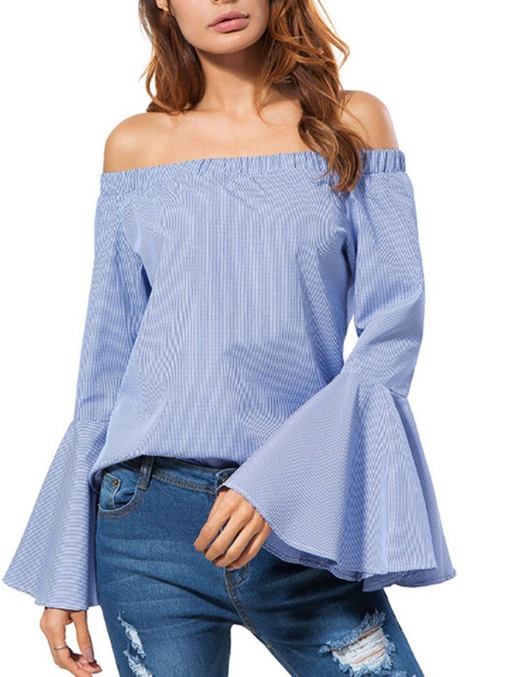 Patchwork Gestreepte Flare Mouw Standaard Blouse Met Lange Mouwen