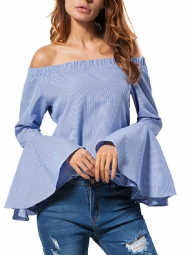 Patchwork Gestreepte Flare Mouw Standaard Blouse Met Lange Mouwen