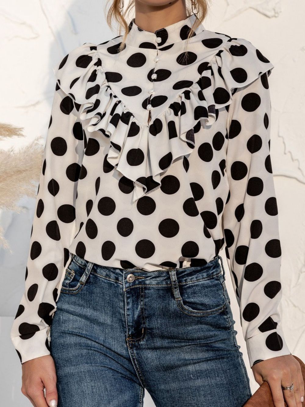 Polka Dots Button Regular Standaard Damesblouse Met Lange Mouwen