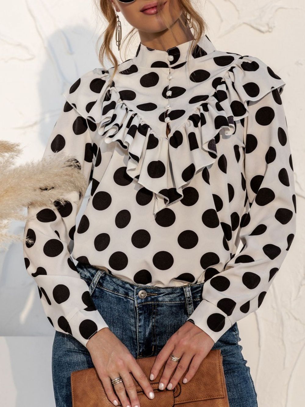 Polka Dots Button Regular Standaard Damesblouse Met Lange Mouwen