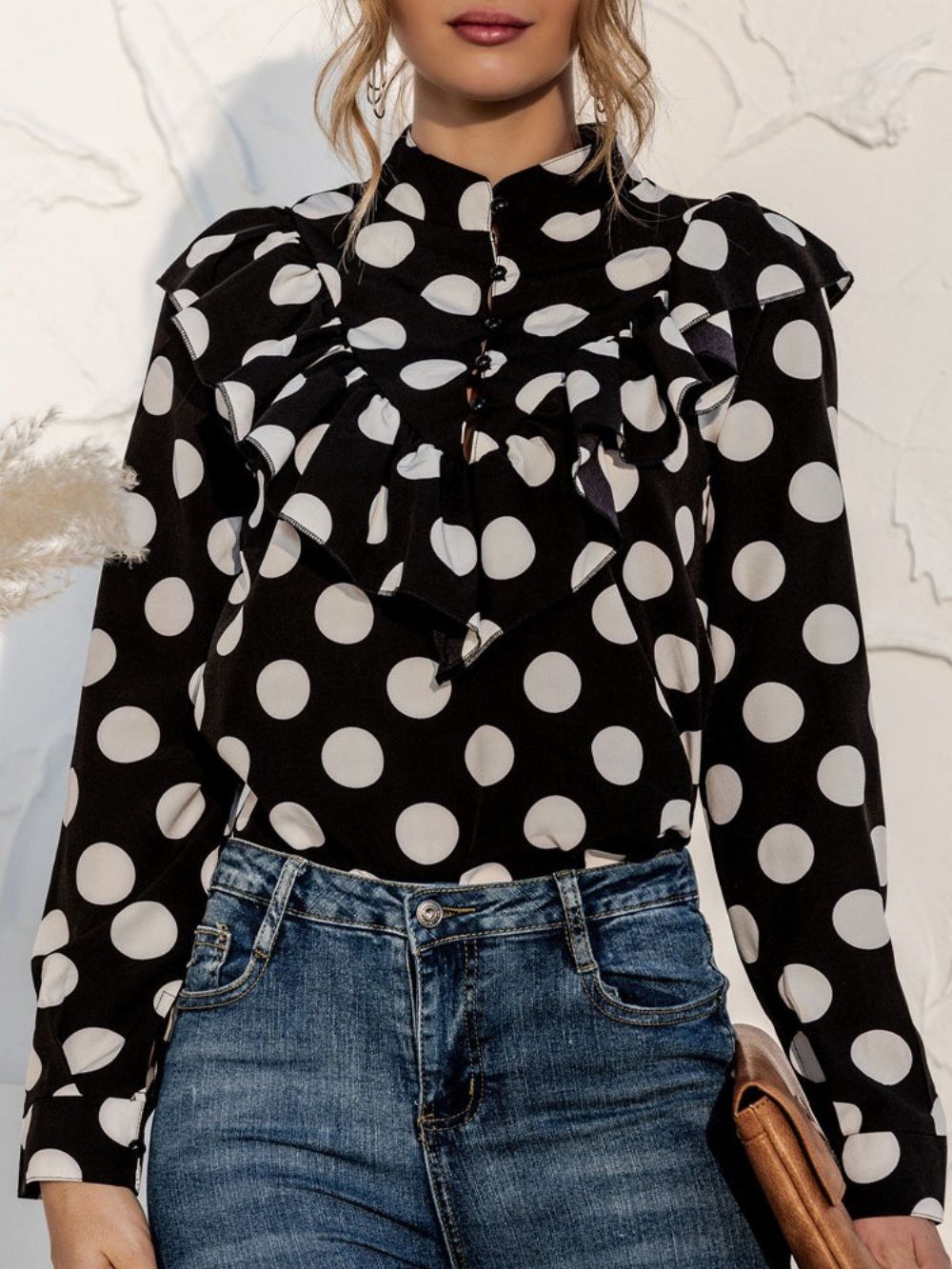 Polka Dots Button Regular Standaard Damesblouse Met Lange Mouwen