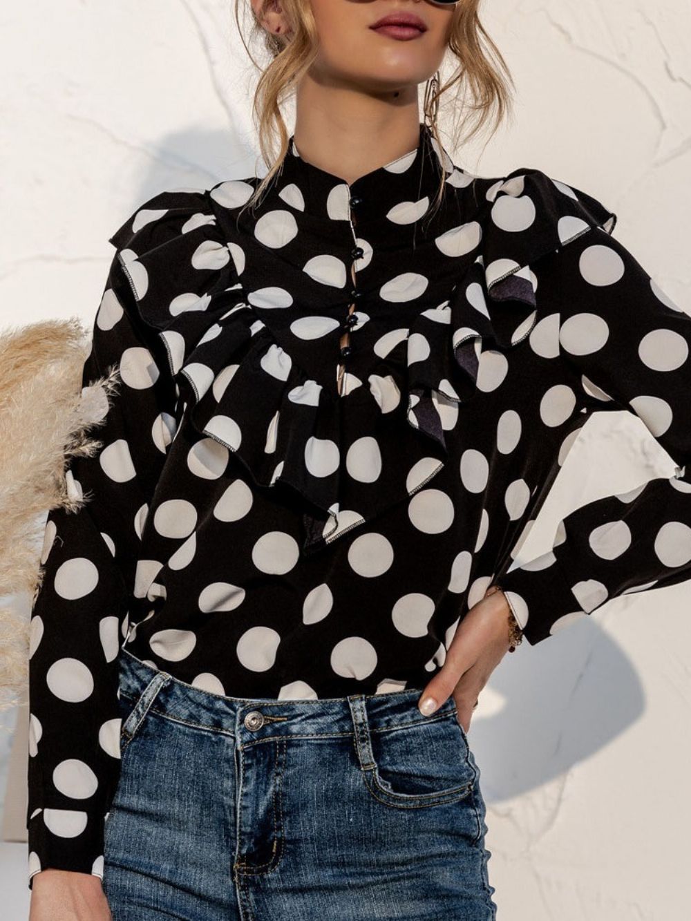 Polka Dots Button Regular Standaard Damesblouse Met Lange Mouwen