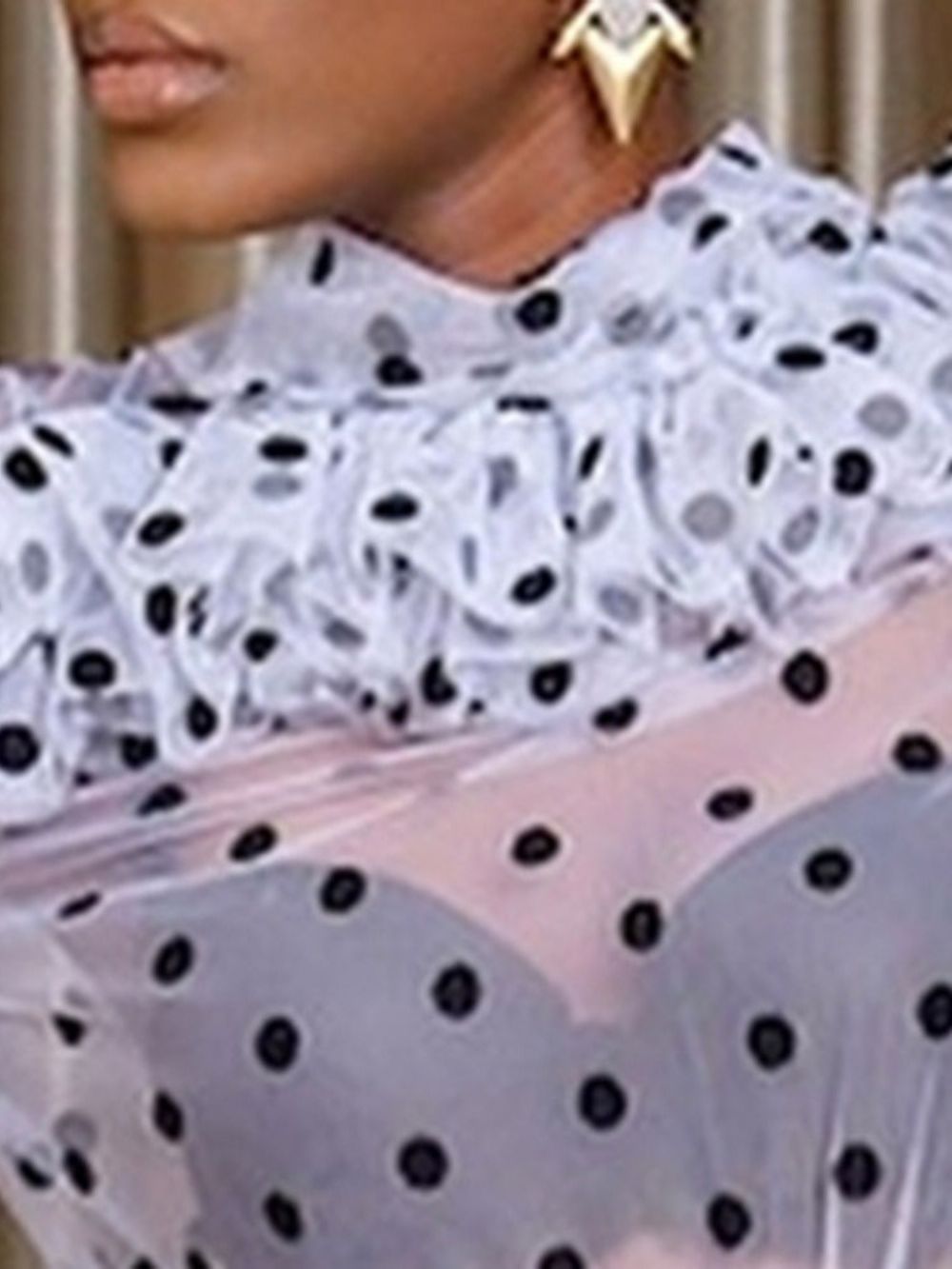 Polka Dots Falbala Standaard Damesblouse Met Lange Mouwen