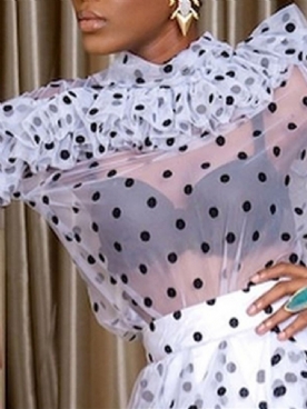 Polka Dots Falbala Standaard Damesblouse Met Lange Mouwen