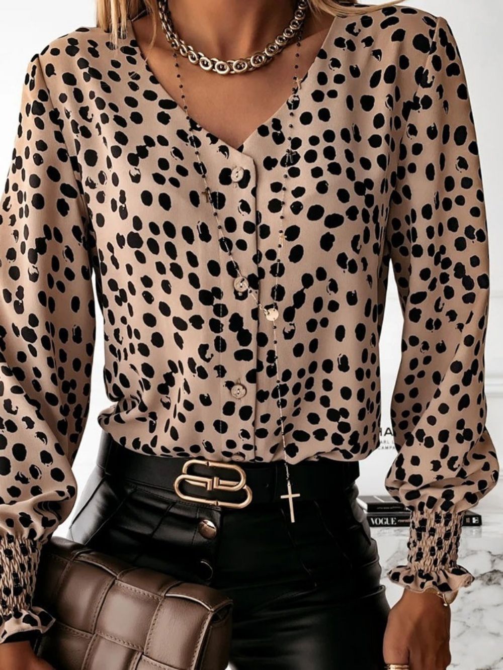 Polka Dots Patchwork V-Hals Standaard Blouse Dames