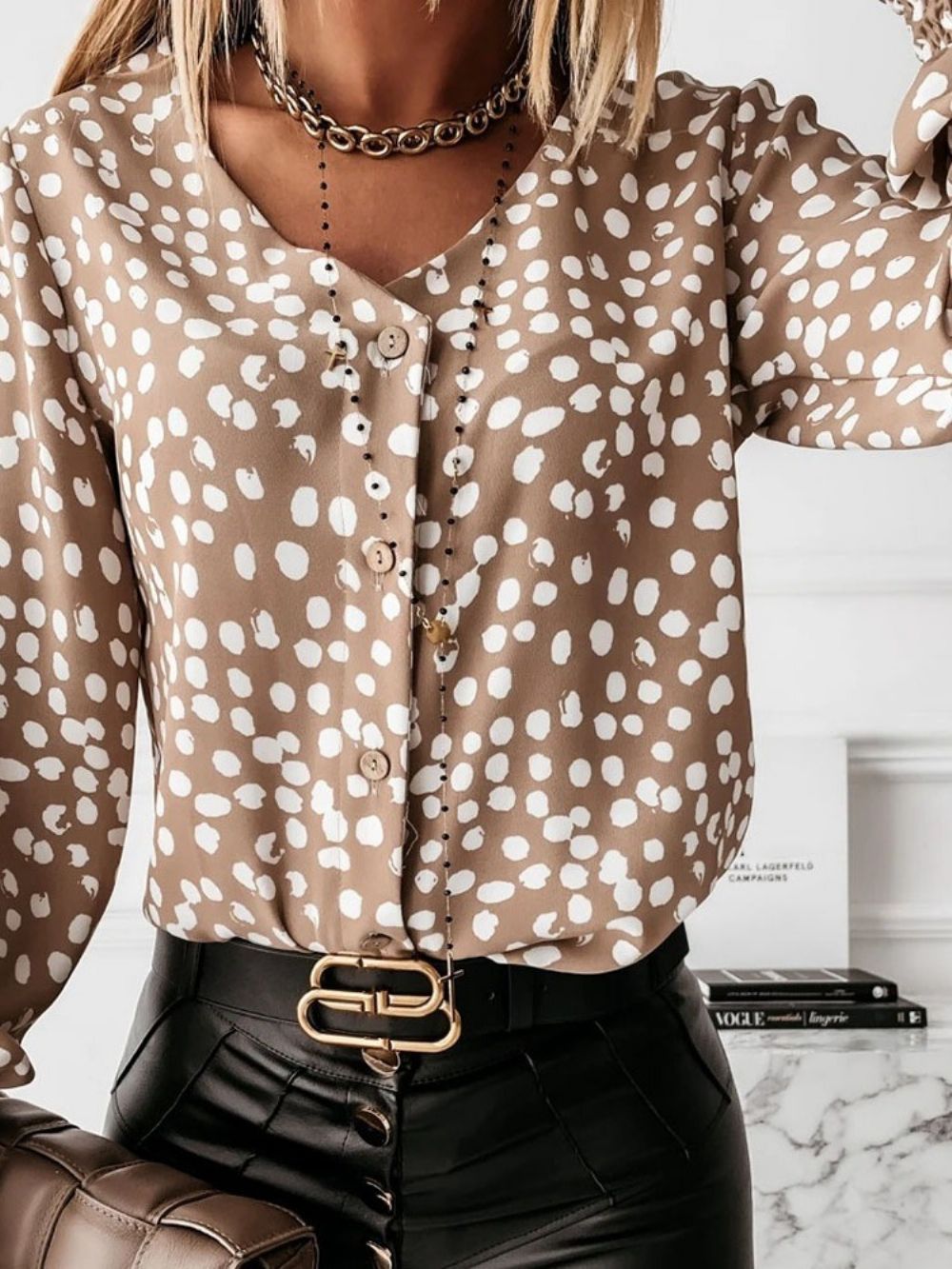 Polka Dots Patchwork V-Hals Standaard Blouse Dames