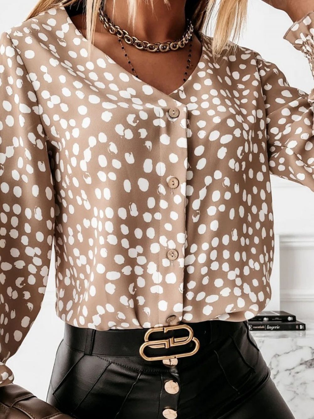 Polka Dots Patchwork V-Hals Standaard Blouse Dames