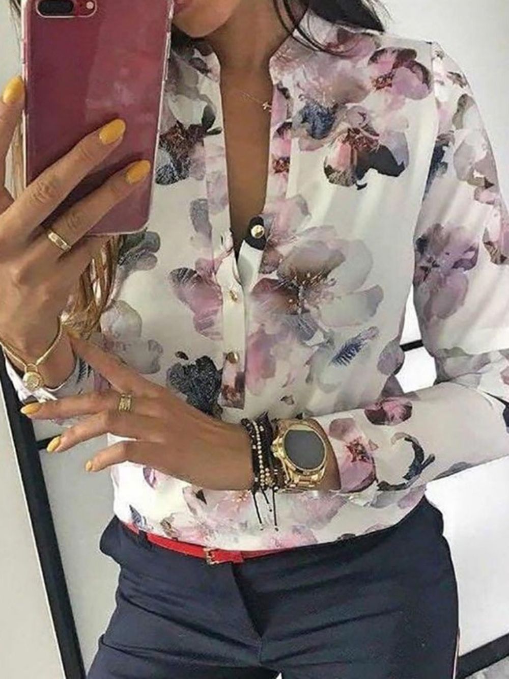 Print Opstaande Kraag Blouse Met Kleurblokken En Knopen