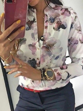 Print Opstaande Kraag Blouse Met Kleurblokken En Knopen