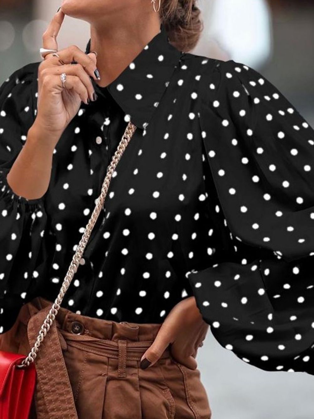 Revers Polkadots Knoop Halflange Blouse Met Lange Mouwen