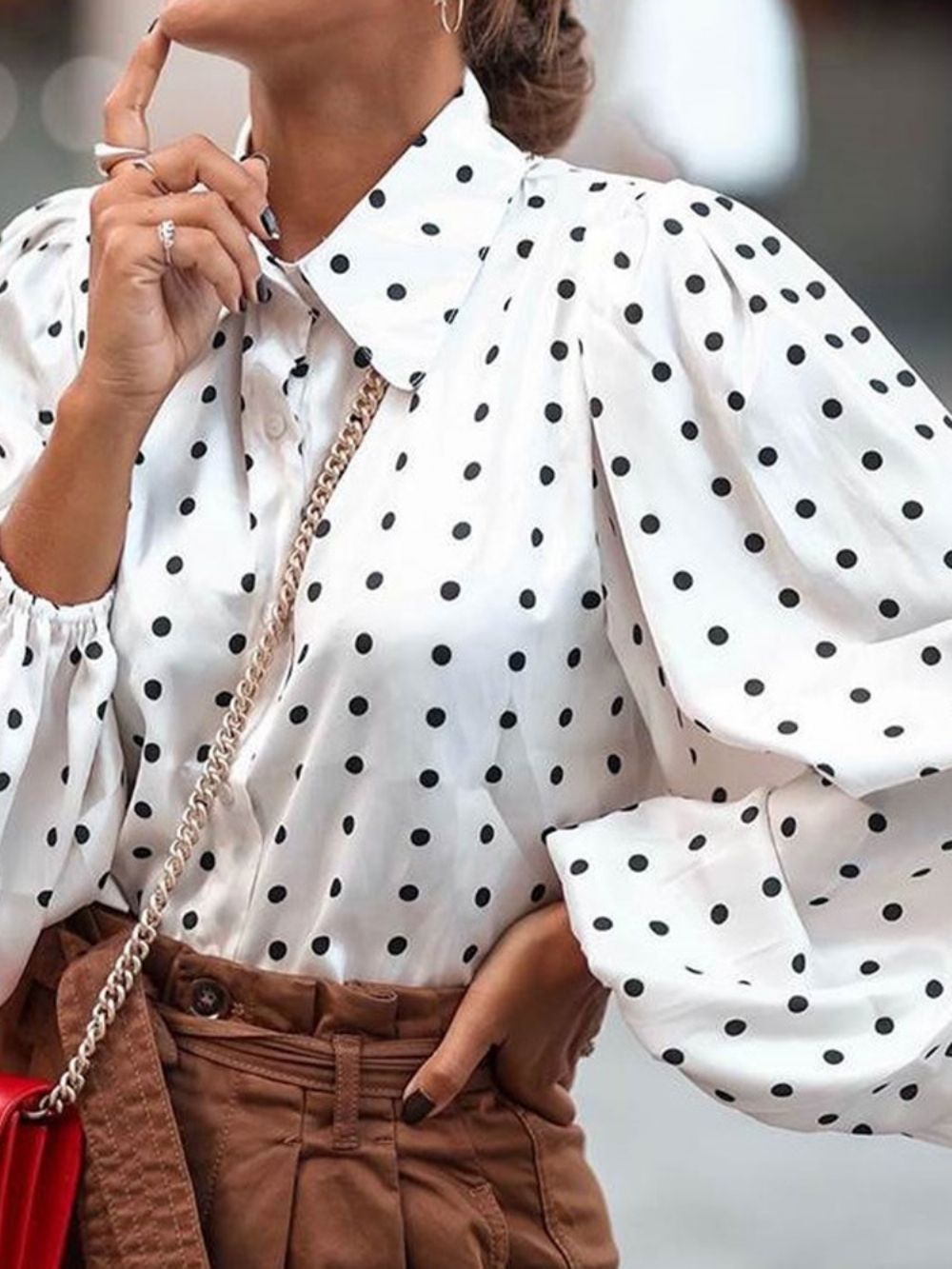 Revers Polkadots Knoop Halflange Blouse Met Lange Mouwen