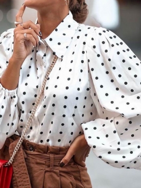 Revers Polkadots Knoop Halflange Blouse Met Lange Mouwen