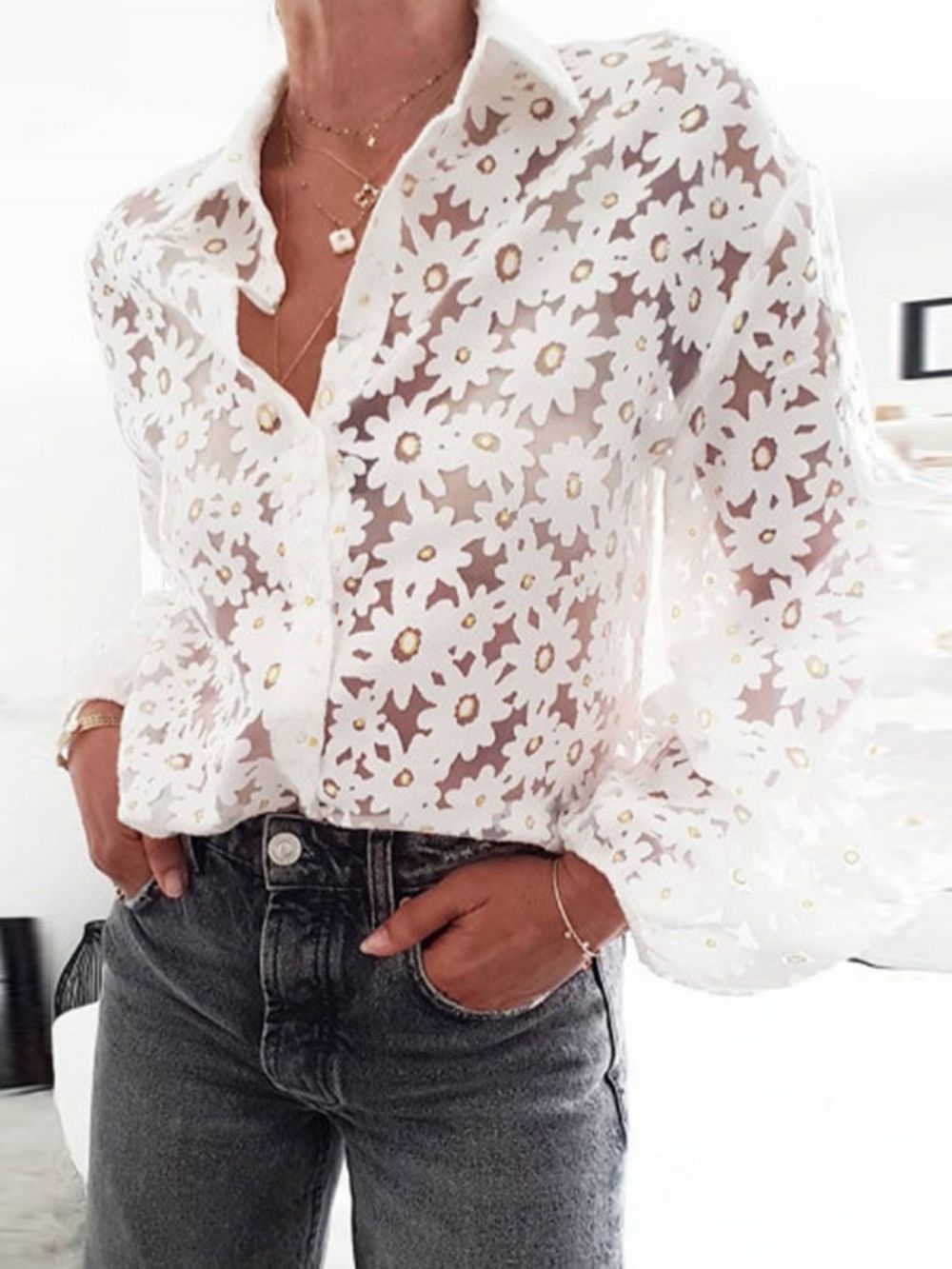 Revers Standaard Damesblouse Met Lange Mouwen