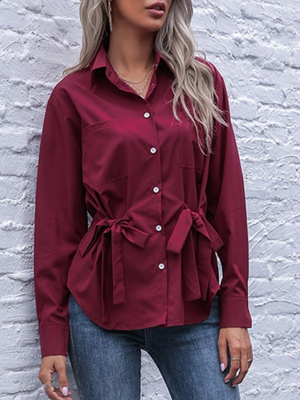 Revers Strik Normale Standaard Damesblouse Met Lange Mouwen