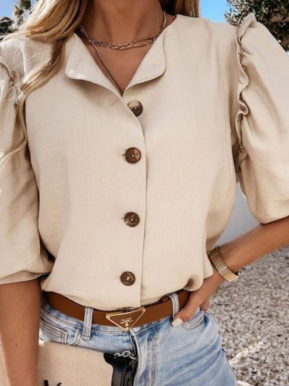 Standaard Blouse Dames Met Effen Knoop En Negen Punten Mouw