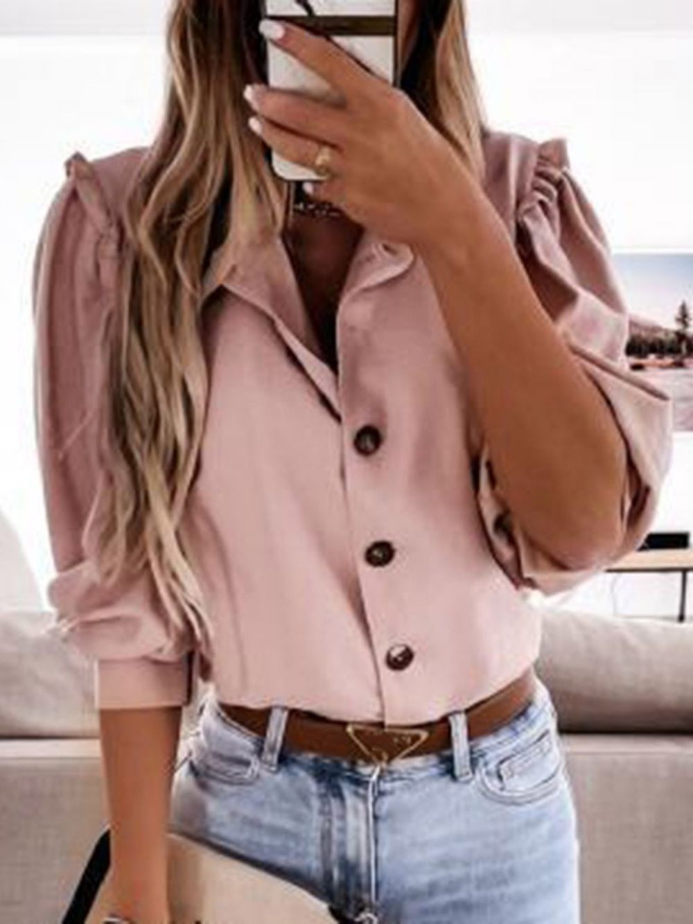 Standaard Blouse Dames Met Effen Knoop En Negen Punten Mouw