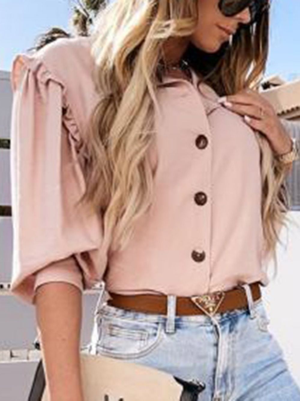 Standaard Blouse Dames Met Effen Knoop En Negen Punten Mouw