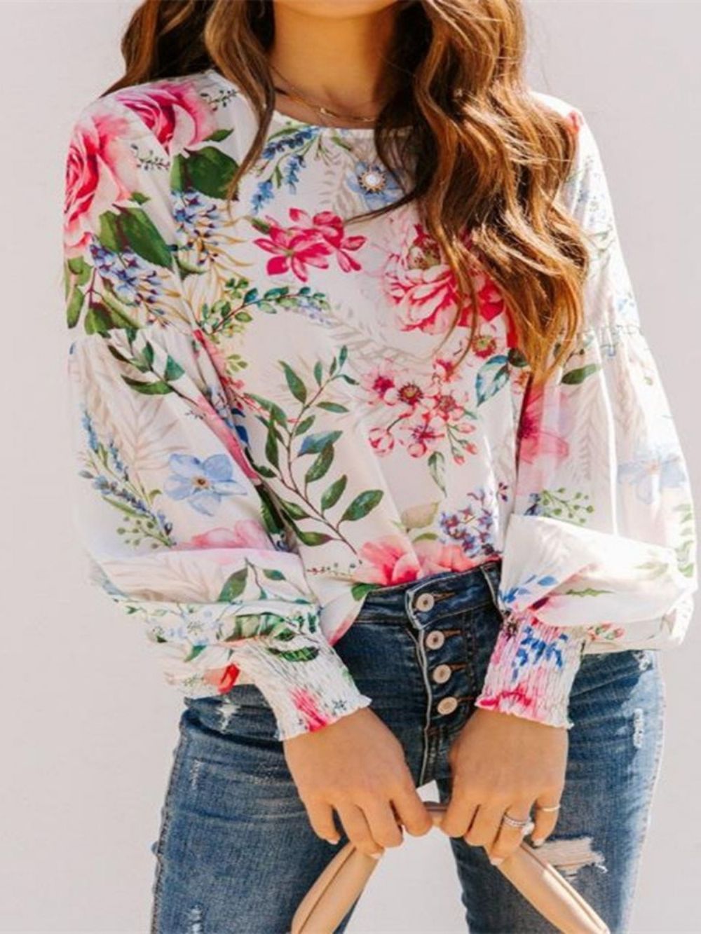 Standaard Blouse Dames Met Lantaarnmouwen En Bloemenprint