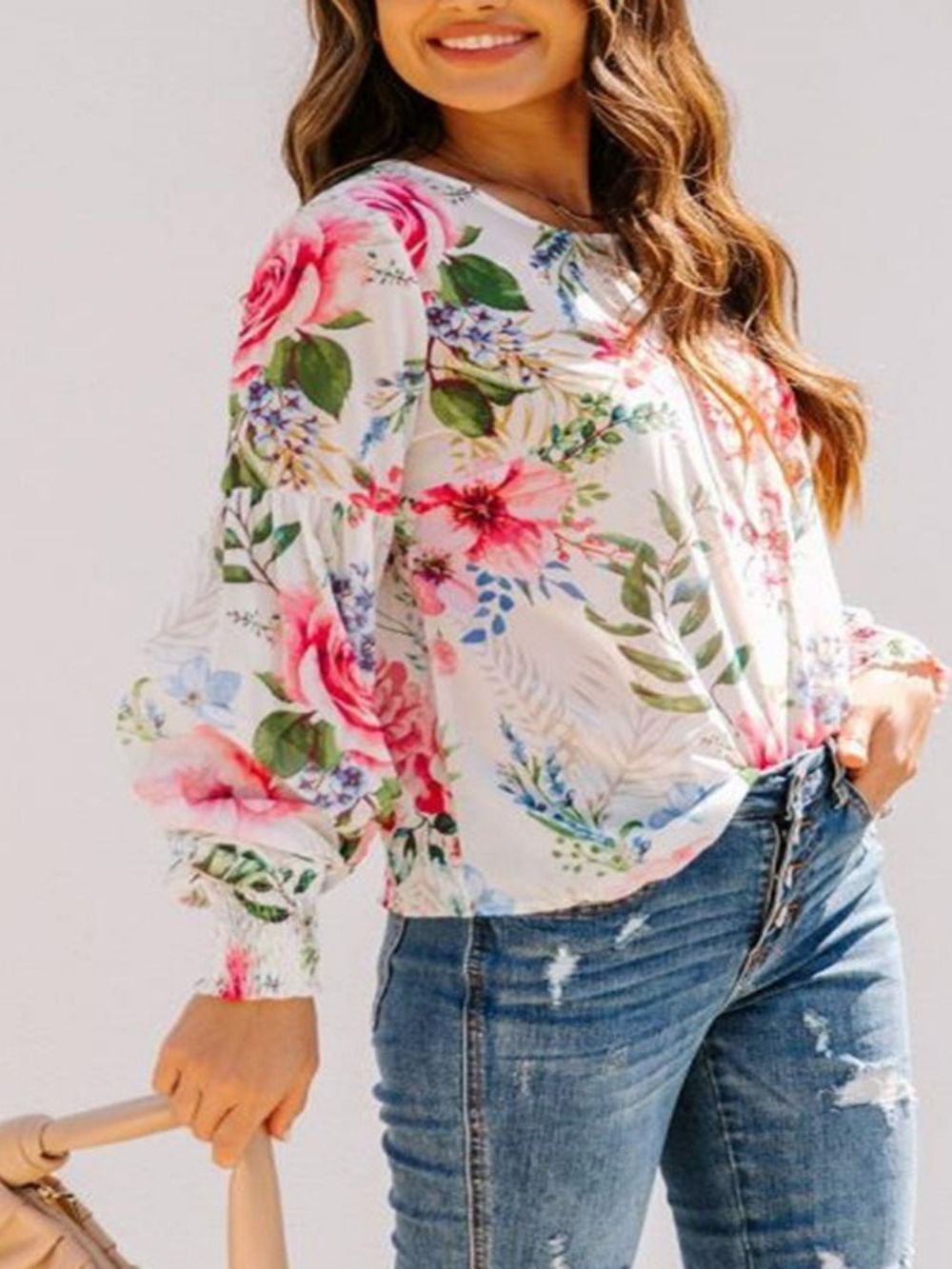 Standaard Blouse Dames Met Lantaarnmouwen En Bloemenprint