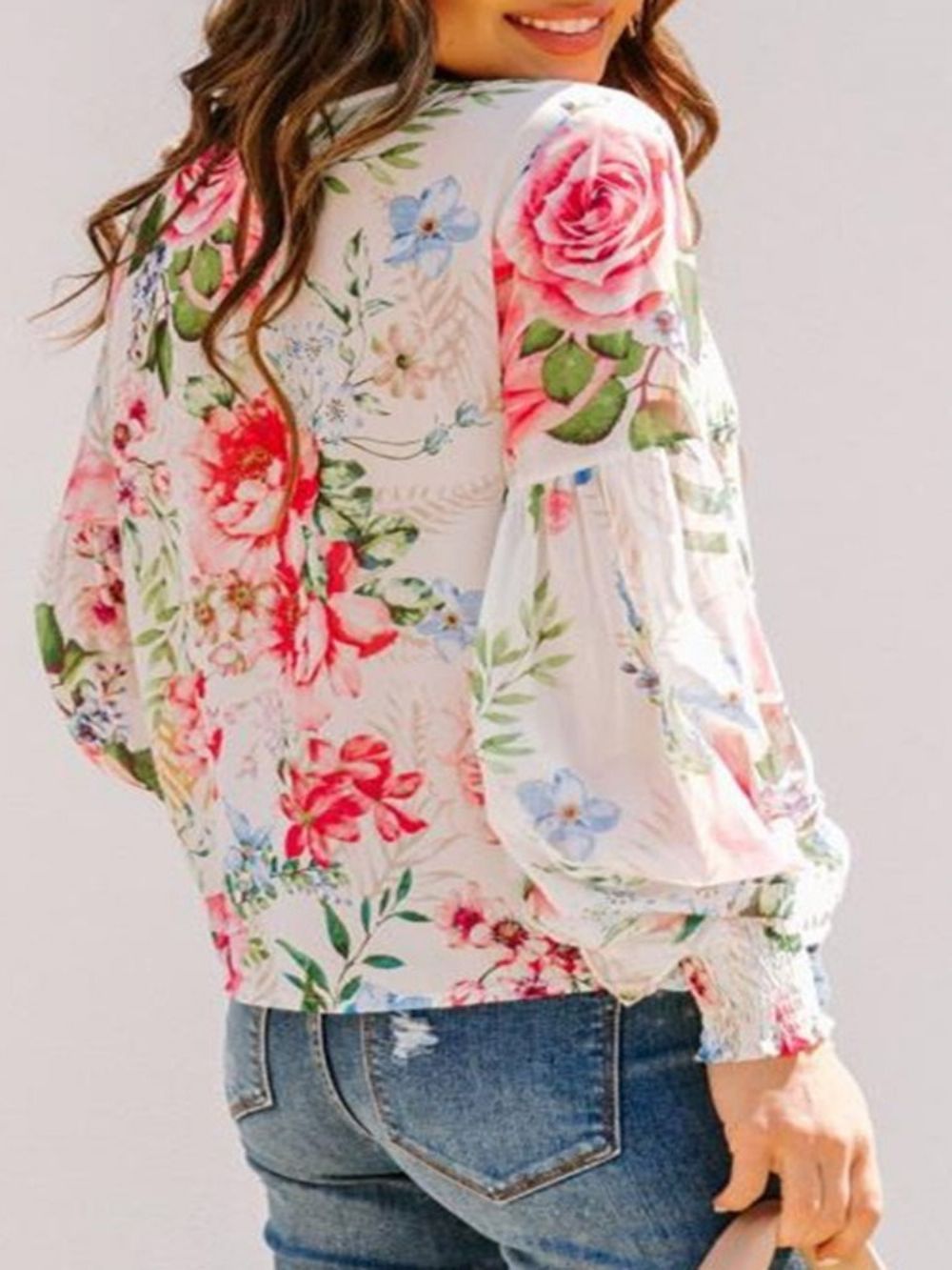 Standaard Blouse Dames Met Lantaarnmouwen En Bloemenprint