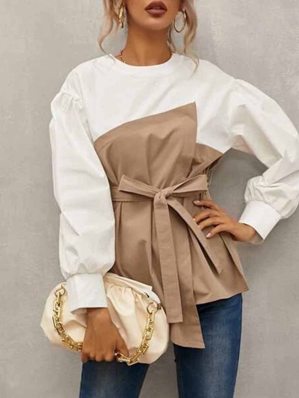 Standaard Blouse Dames Met Lantaarnmouwen Effen Lange Mouwen