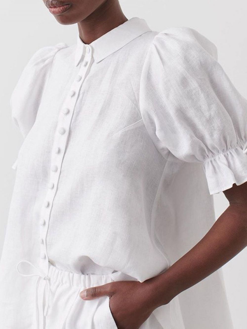 Standaard Blouse Dames Met Pofmouwen Revers En Knopen Met Korte Mouwen