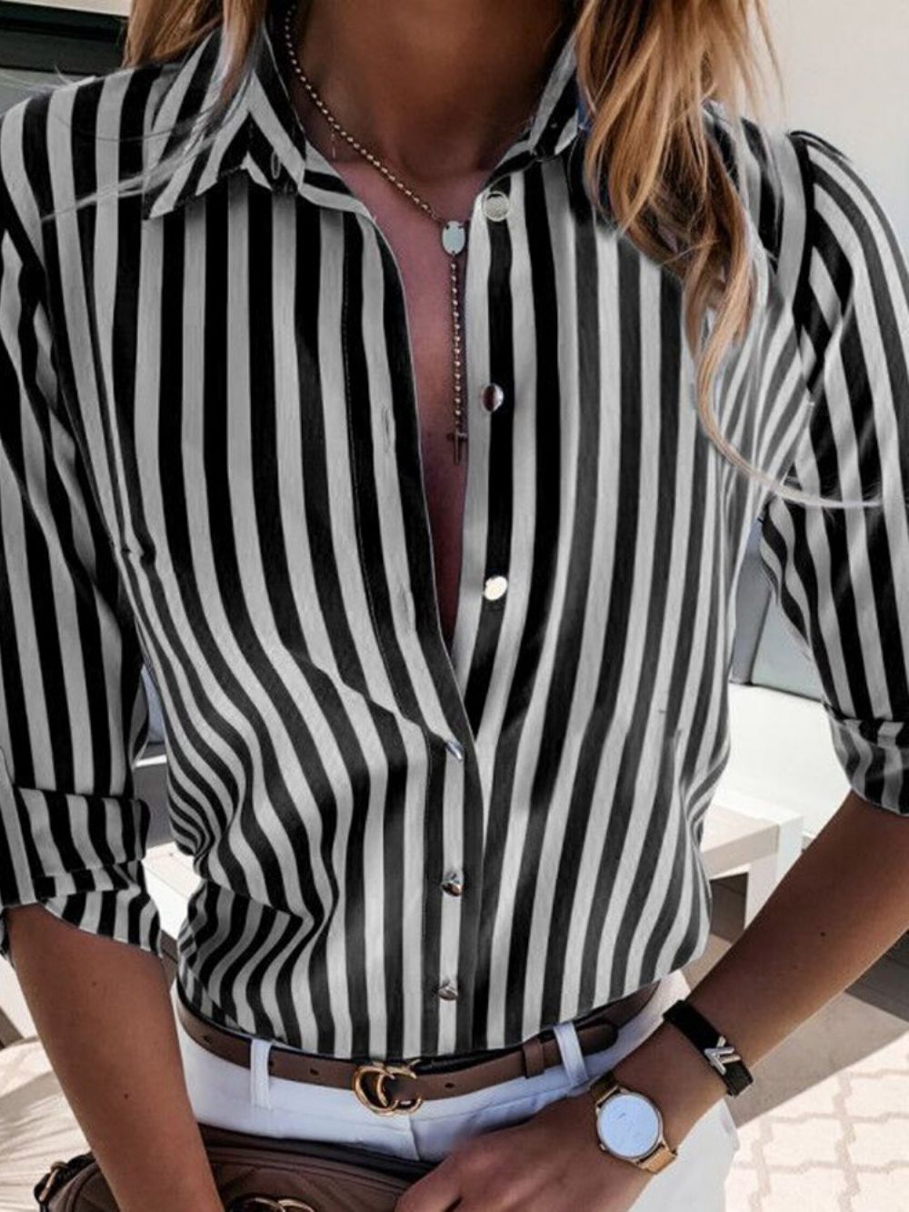 Standaard Blouse Dames Met Reversstreep En Knopen Met Lange Mouwen