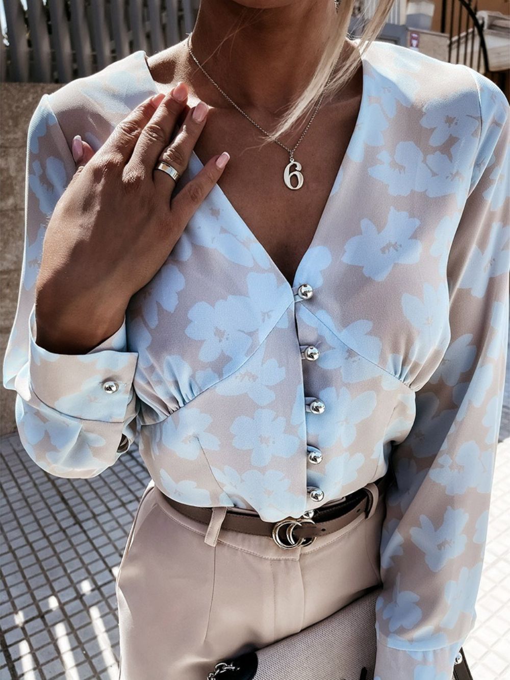 Standaard Blouse Dames Met V-Hals En Bloemenknopen Met Lange Mouwen