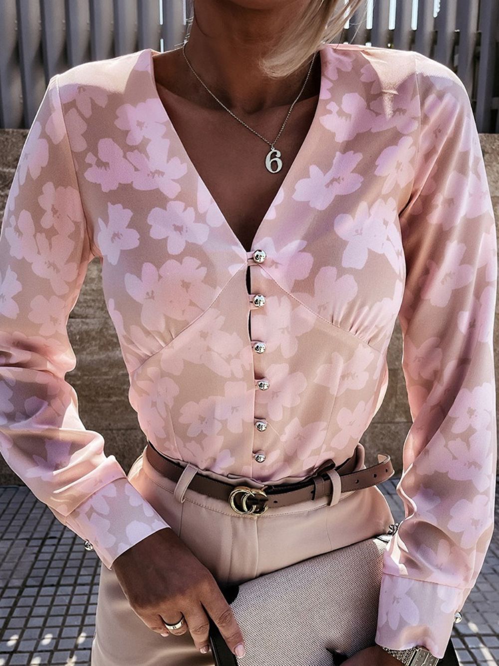 Standaard Blouse Dames Met V-Hals En Bloemenknopen Met Lange Mouwen