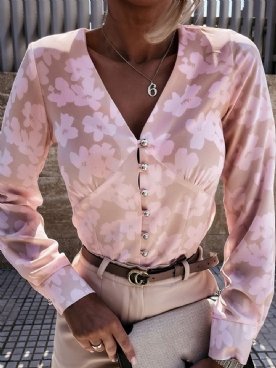 Standaard Blouse Dames Met V-Hals En Bloemenknopen Met Lange Mouwen