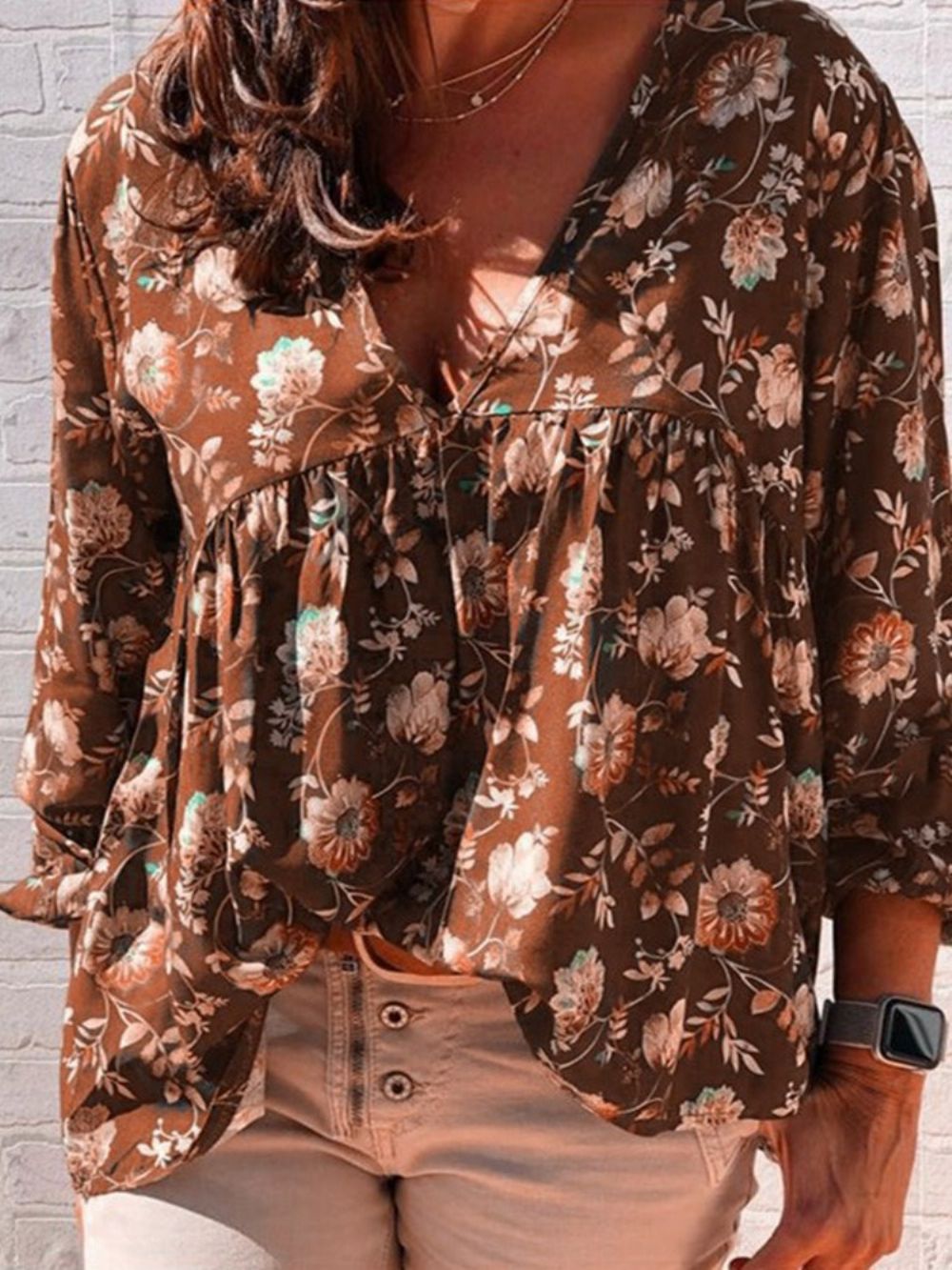 Standaard Blouse Dames Met V-Hals En Bloemenprint