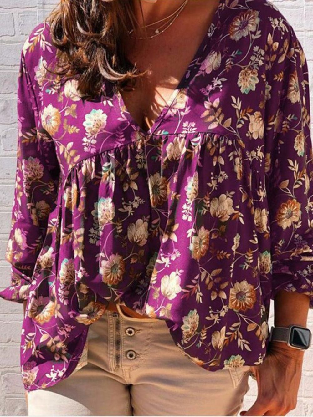 Standaard Blouse Dames Met V-Hals En Bloemenprint