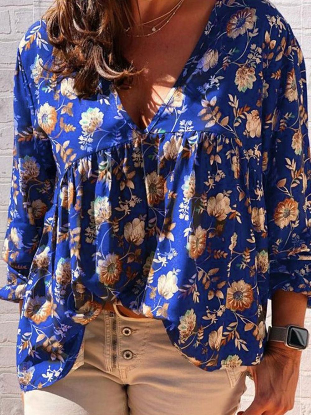 Standaard Blouse Dames Met V-Hals En Bloemenprint