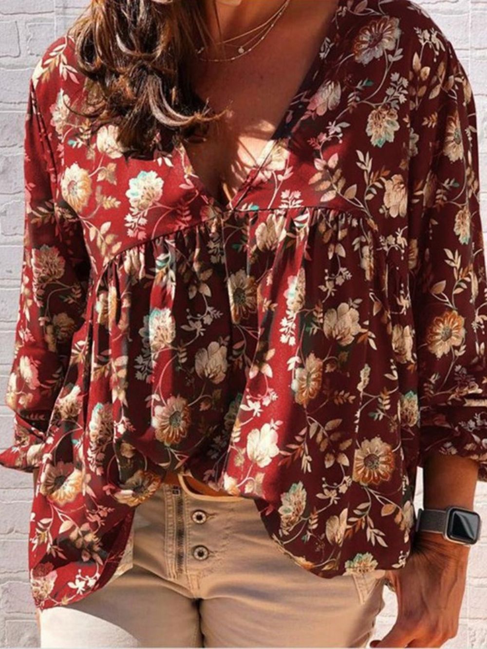 Standaard Blouse Dames Met V-Hals En Bloemenprint