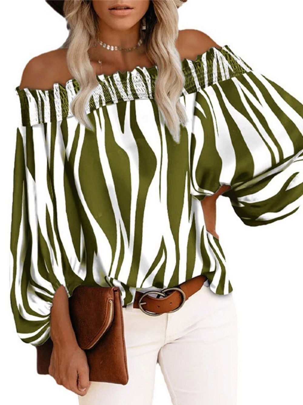 Standaard Blouse Met Kleurblokprint Off-Shoulder En Negen Punten Mouwen