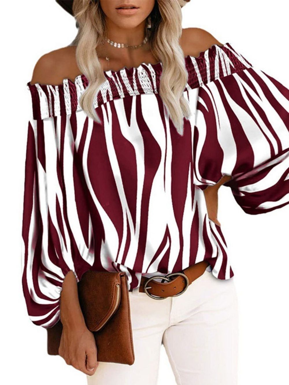 Standaard Blouse Met Kleurblokprint Off-Shoulder En Negen Punten Mouwen