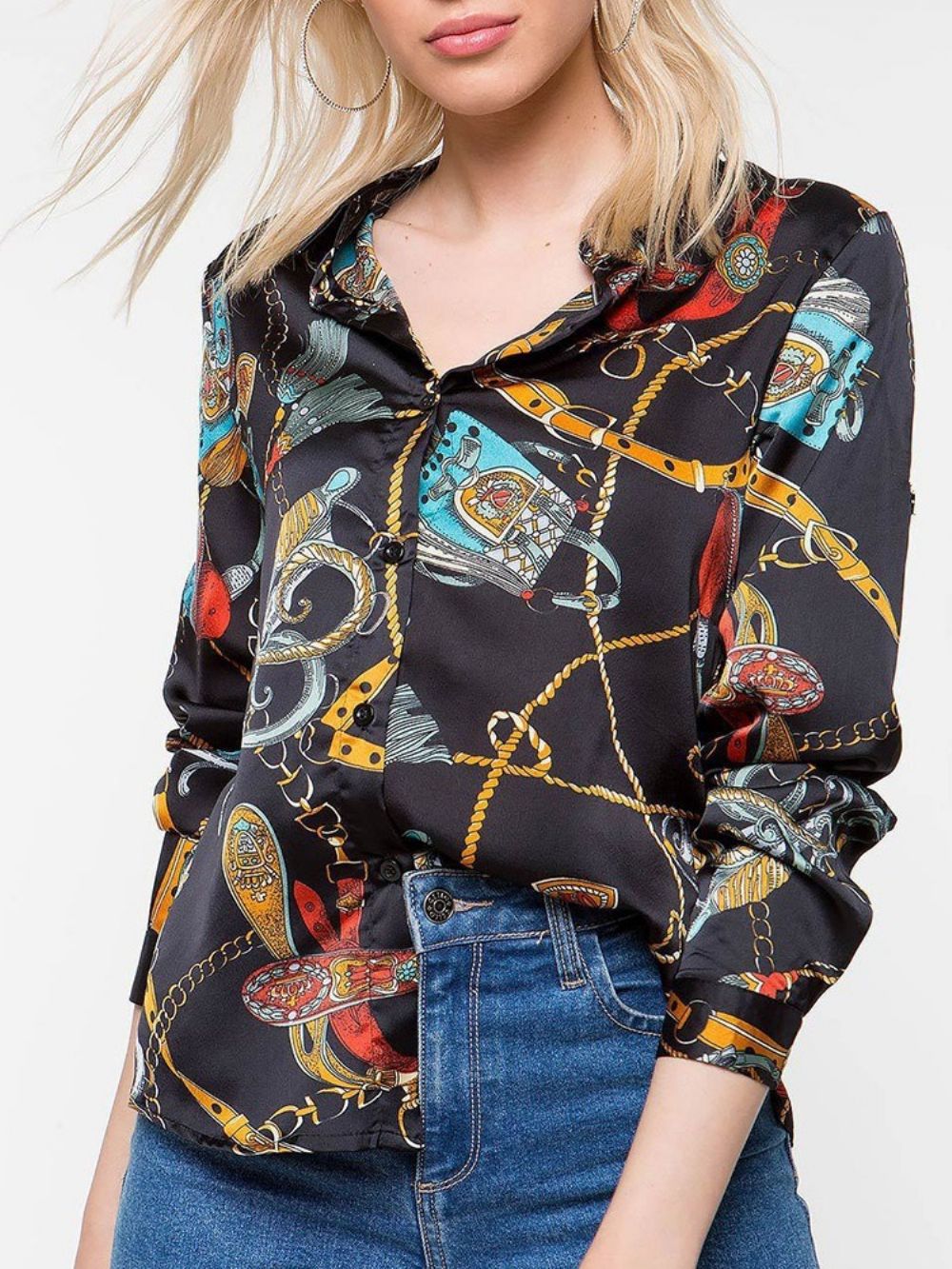 Standaard Blouse Met Lange Mouwen En Revers Met Normale Print Dames