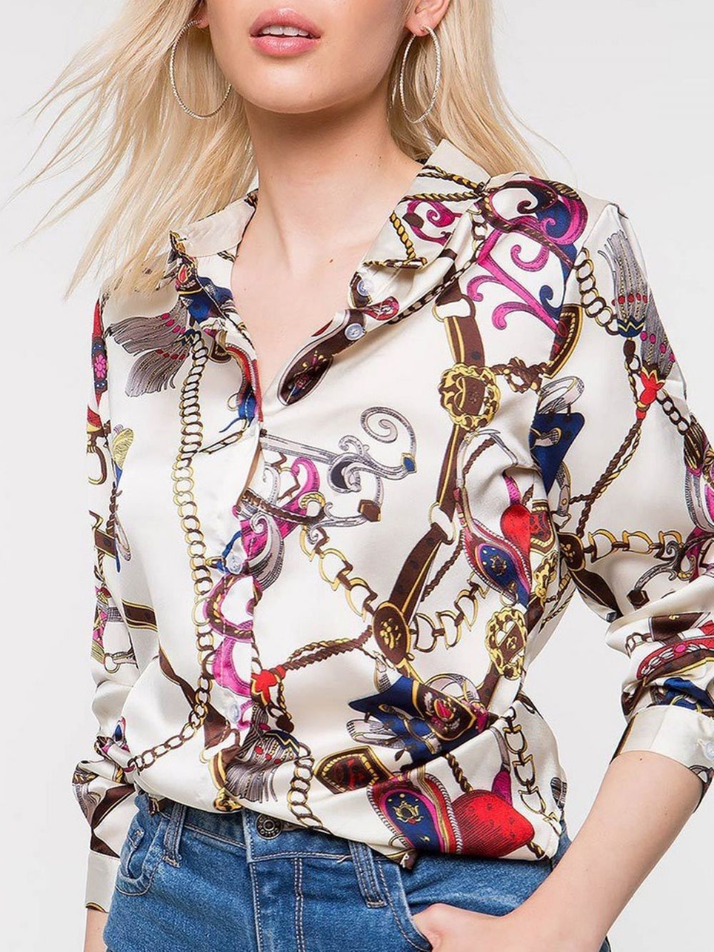 Standaard Blouse Met Lange Mouwen En Revers Met Normale Print Dames