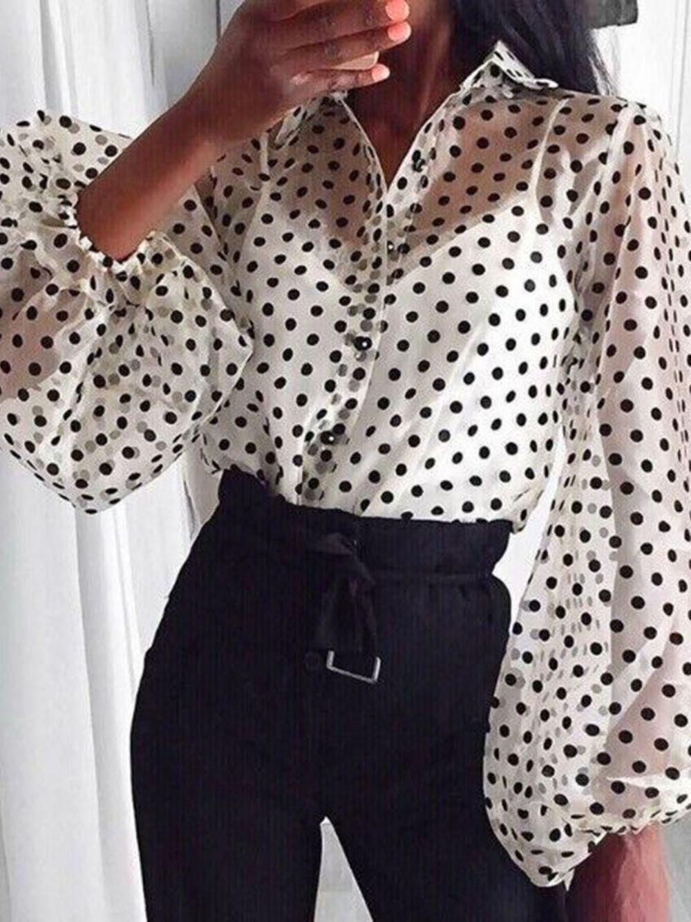 Standaard Blouse Met Lantaarnmouw Revers En Stippen Dames