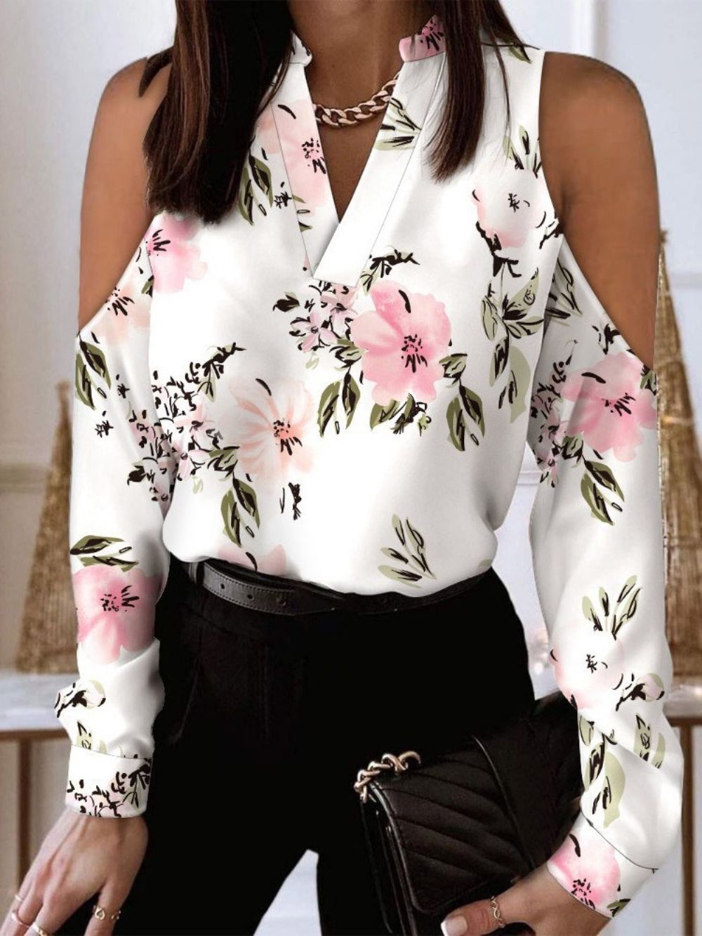 Standaard Blouse Met Opstaande Kraag En Bloemenprint Met Lange Mouwen