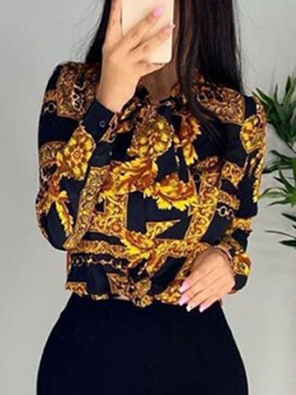 Standaard Blouse Met Revers Normale Print En Lange Mouwen