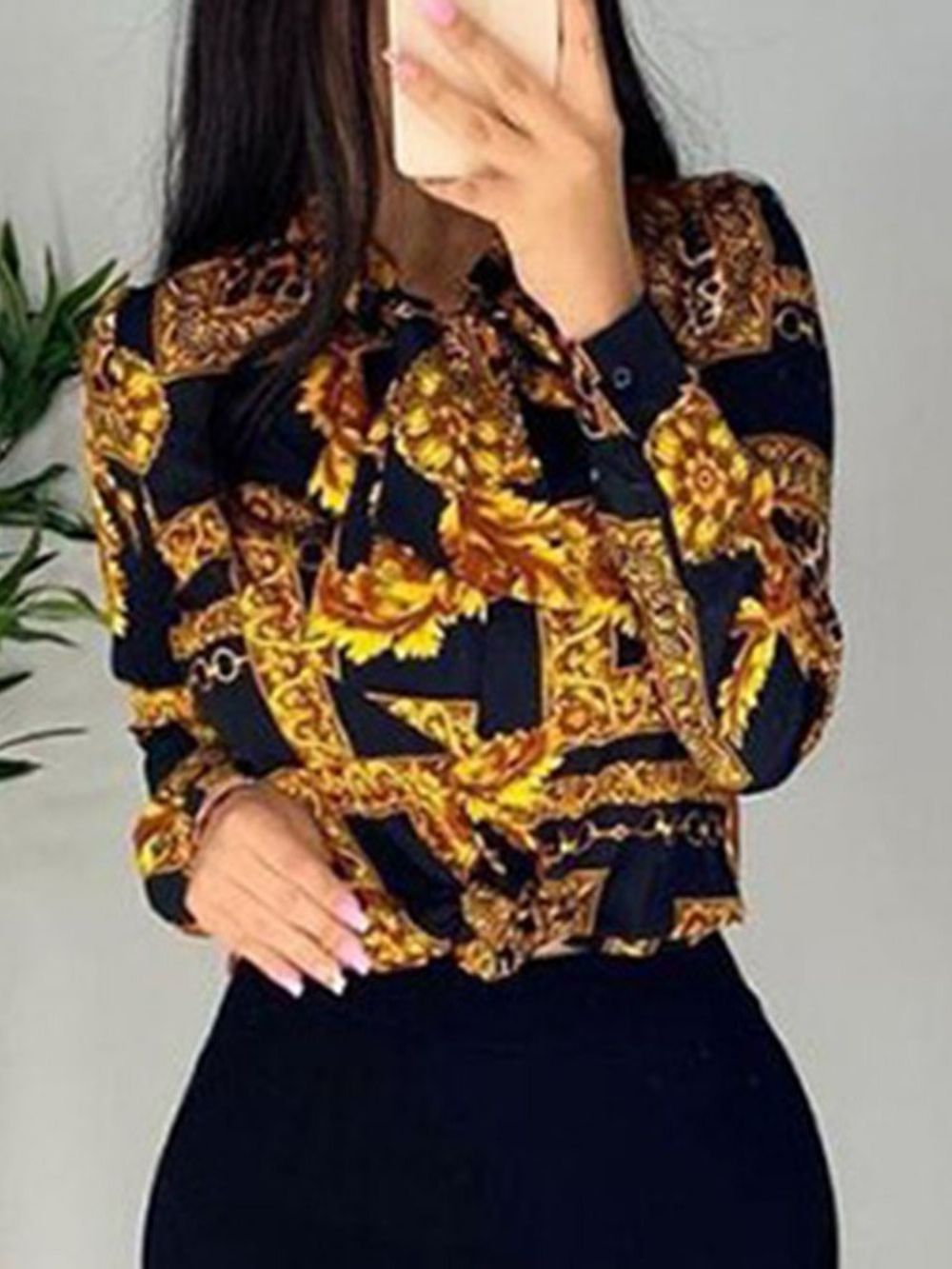 Standaard Blouse Met Revers Normale Print En Lange Mouwen