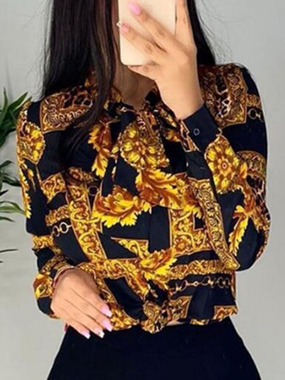 Standaard Blouse Met Revers Normale Print En Lange Mouwen