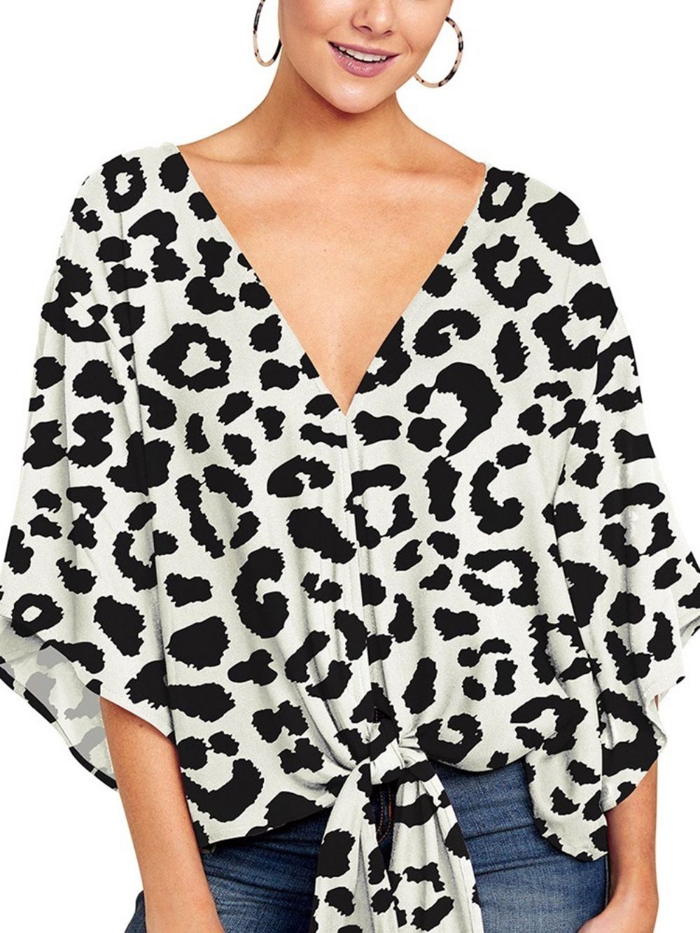 Standaard Blouse Met Uitlopende Mouwen En V-Hals Print Dames