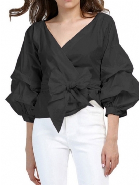 Strik V-Hals Effen Standaard Blouse Met Lange Mouwen