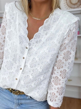 Witte Effen Blouse Met V-Hals Normale Driekwartmouwen