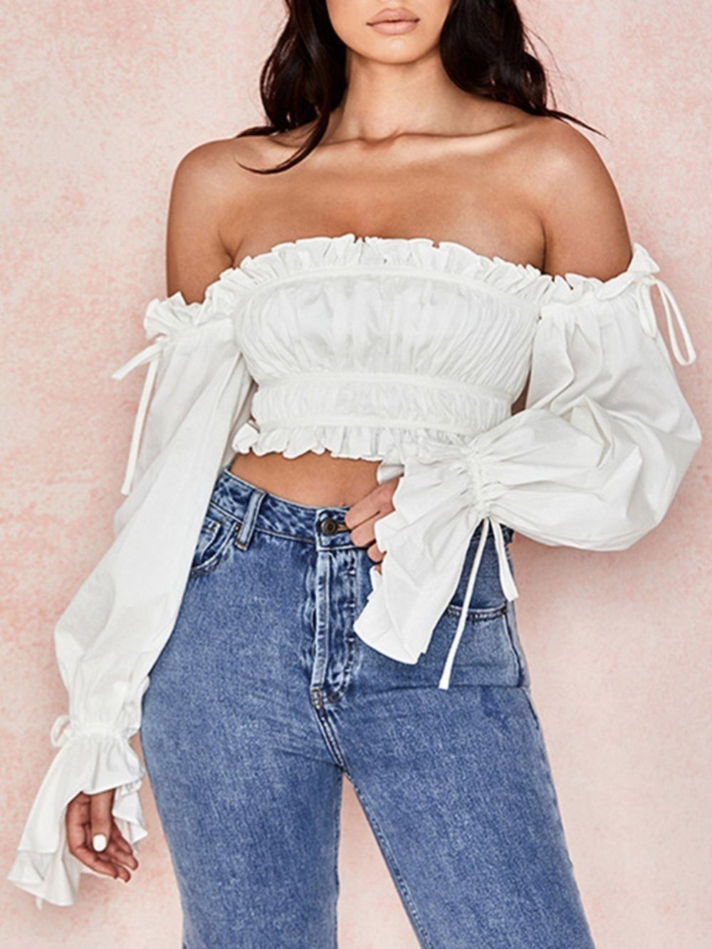 Witte Effen Off-Shoulder Blouse Met Veters En Korte Mouwen